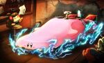  back_to_the_future bandana bandana_waddle_dee blue_bandana blush blush_stickers car car_mouth closed_eyes commentary_request ddddndn delorean electricity elfilin flying_sweatdrops hammer highres holding holding_hammer holding_paper holding_stopwatch indoors kirby kirby_(series) kirby_and_the_forgotten_land motor_vehicle mouthful_mode no_humans paper stopwatch weapons-shop_waddle_dee wooden_floor 