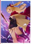  absurdres arm_behind_back artist_name ass bangs bare_legs black_dress black_legwear black_panties blonde_hair blush breasts brown_eyes cape closed_mouth covering covering_ass detached_sleeves dress earrings electricity ereshkigal_(fate/grand_order) fate/grand_order fate_(series) from_behind frown hair_ribbon highres infinity jewelry legs_apart long_hair long_sleeves looking_back nose_blush orange_eyes page_number panties pantyshot pantyshot_(standing) parted_bangs pink_ribbon red_cape ribbon scan short_dress single_detached_sleeve single_thighhigh sleeves_past_wrists small_breasts solo spine standing straight_hair tassel tetsuo_(amenohutikoma) thighhighs tiara twintails underwear upskirt 