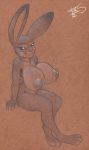 2018 3_toes anthro areola big_breasts breasts disney female freckles_(artist) hand_on_breast huge_breasts judy_hopps lagomorph looking_at_viewer mammal nipples pencil_(artwork) rabbit signature smile solo toes traditional_media_(artwork) zootopia 