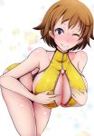  bikini blue_eyes breasts brown_hair cleavage commentary_request grin gundam gundam_build_divers highres huge_breasts leaning_forward nanase_nanami_(gundam_build_divers) one_eye_closed saketanuki short_hair smile solo swimsuit yellow_bikini 