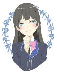  absurdres bangs black_hair blazer blue_eyes blue_jacket blush braid closed_mouth donguri_suzume eyebrows_visible_through_hair french_braid hair_ornament hairclip hand_on_own_chin hand_up highres jacket long_hair long_sleeves nijisanji school_uniform smile solo tsukino_mito upper_body virtual_youtuber 