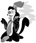  2017 anthro balls big_penis black_fur bottomless clothed clothing concupisco digital_drawing_(artwork) digital_media_(artwork) fur greyscale hi_res kneeling male mammal monochrome multicolored_fur multicolored_tail necktie old_toon open_mouth penis simple_background skunk smile solo striped_fur striped_tail stripes teeth toony two_tone_fur white_background 