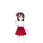  alternate_hairstyle artist_request bangs black_hair bow checkered checkered_skirt child closed_mouth hair_between_eyes hair_bow hair_down kneehighs long_sleeves looking_at_viewer love_live! love_live!_school_idol_festival love_live!_school_idol_project official_art plaid plaid_skirt red_bow red_eyes shirt skirt smile solo standing transparent_background waving white_legwear white_shirt yazawa_nico younger 