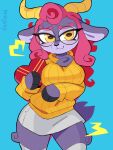 absa anthro blue_background blush bottomwear bovid box_of_chocolates candy caprine chocolate clothing dessert eyewear female food fur glasses goat grey_bottomwear grey_clothing grey_skirt hair heart_box hi_res horn krinjuicy lovers_of_aether mammal pink_hair purple_body purple_fur rivals_of_aether round_glasses scut_tail short_tail simple_background skirt solo sweater tail topwear yellow_clothing yellow_eyes yellow_sweater yellow_topwear