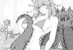  1girl between_breasts bikini_top blush breasts empty_eyes erect_nipples expressionless fate/grand_order fate_(series) fox_ears fox_girl greyscale head_back heart large_breasts monochrome navel nmkranker restrained stomach sweat tamamo_no_mae_(swimsuit_lancer)_(fate) tentacle text underboob 