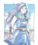  1girl blue_tunic boat bracer brooch clenched_hand cloak closed_mouth faris_scherwiz final_fantasy final_fantasy_v green_cloak green_eyes green_headband headband jewelry long_hair looking_at_viewer michibata_65 net on_boat parted_bangs popped_collar purple_hair ship smile solo tunic upper_body watercraft 