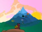 4:3 all_fours ambiguous_gender artist_name backpack bridge brown_body building car car_hood castle city city_background feral flag flag_(object) flagpole grass gug_(rain_world) hi_res horn hotel lights mountain nonassociatedidiot orange_clouds pink_cloud pink_clouds plant rain_world scavenger_(rain_world) shaded sky solo solo_focus stairs sun sunrise text vehicle videocult yellow_backpack yellow_eyes yellow_sky