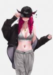  1girl baseball_cap black_hat black_horns black_jacket blush braid breasts cleavage closed_mouth collarbone commentary covered_eyes fingernails flower grey_pants grey_sports_bra hair_flower hair_ornament hat heart heart-shaped_lock heart_collar highres hololive hololive_english horns irys_(hololive) jacket jewelry large_breasts long_hair long_sleeves navel necklace open_clothes open_jacket pants pink_flower pink_hair pink_horns simple_background single_bare_shoulder sleeves_past_wrists smile solo sports_bra stomach tongue tongue_out twin_braids unmeidesu virtual_youtuber 