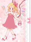  :p ascot bag bangs blonde_hair blush bobby_socks bow commentary_request crystal dress flandre_scarlet floral_background full_body hair_bow handbag high_heels highres holding holding_bag ice_cream_cone index_finger_raised lace lace-trimmed_dress medium_hair one_side_up pink_background pink_footwear red_bow red_dress red_eyes short_sleeves socks solo tongue tongue_out touhou white_legwear wings yellow_neckwear zatsuni 
