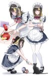  1girl absurdres alternate_costume apron black_cat black_dress black_hair black_shoes blonde_hair blush bottle cat character_doll chibigurumi commentary dress enmaided failure food frilled_apron frills highres holding holding_bottle idolmaster idolmaster_shiny_colors ikaruga_luca ikuta_haruki ketchup_bottle looking_at_animal looking_at_viewer maid maid_apron maid_headdress medium_hair multicolored_hair multiple_views name_tag omelet pantyhose patting pdal_(pdalhhh) puffy_short_sleeves puffy_sleeves shoes short_sleeves simple_background streaked_hair suzuki_hana two-tone_hair white_apron white_background white_pantyhose wrist_cuffs 
