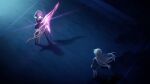  2girls black_jacket black_thighhighs blazer blue_theme bow breasts chaos;child chest_bow cropped_jacket d-sword fighting_stance from_above game_cg glowing glowing_sword glowing_weapon hair_between_eyes hair_ribbon hekiho_academy hekiho_academy_uniform highres holding holding_sword holding_weapon jacket kurusu_nono loafers long_hair long_sleeves medium_breasts multiple_girls night night_light official_art onoe_serika orange_hair outdoors pink_hair red_bow ribbon sailor_collar sailor_shirt sasaki_mutsumi serious shadow shirt shoes short_hair_with_long_locks socks sword thighhighs v-shaped_eyebrows v_arms weapon white_sailor_collar 