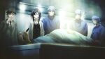  2girls 4boys ahoge autopsy bar_counter black_hair blanket bloated blue_necktie buttons chaos;child collared_shirt corpse covered_face covering_own_mouth double-breasted feet film_grain game_cg glasses green_blanket grey_eyes grey_jacket hat hekiho_academy hekiho_academy_uniform highres holding_napkin hospital jacket kunosato_mio lab_coat lapels long_sidelocks looking_at_another mask medical_scrubs messy_hair morgue mouth_mask multiple_boys multiple_girls napkin necktie notched_lapels nurse nurse_cap official_art operating_table operatory_light purple_eyes purple_hair red_necktie sailor_collar sailor_shirt sasaki_mutsumi shinjo_takeshi shirt short_hair short_necktie sidelocks soles striped_necktie suit_jacket surgeon surgical_cap surgical_light surgical_mask table toes watabe_tomoaki white_sailor_collar 