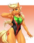  2018 absurd_res anthro applejack_(mlp) blonde_hair clothing cutie_mark digital_media_(artwork) equine female freckles friendship_is_magic hair hi_res long_hair mammal my_little_pony mykegreywolf smile solo 