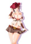  abs alternate_costume arm_warmers belt belt_buckle bra breasts brown_belt brown_hair brown_skirt buckle cleavage closed_mouth collarbone cowboy_hat flipped_hair green_eyes groin hat highres kantai_collection kiriki_haruomi large_breasts looking_at_viewer midriff miniskirt mutsu_(kantai_collection) navel pink_bra pink_hat shadow shirt short_hair simple_background skirt smile solo underwear upper_body western white_background white_shirt 