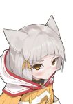  animal_ear_fluff animal_ears blush closed_mouth collared_jacket from_above from_side grey_hair hair_ribbon highres hood hood_down jacket looking_at_viewer looking_up nia_(xenoblade) orange_eyes orange_jacket portrait red_trim ribbon sideways_glance simple_background so_(user_jkaz7455) white_background white_hood xenoblade_chronicles_(series) xenoblade_chronicles_2 