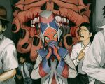  1other 6+boys belt black_hair black_nails blazer blood blood_in_mouth blue_eyes blue_skin borrowed_character collared_shirt colored_sclera colored_skin commission corpse covered_mouth decapitation disembodied_hand gakudayo hand_focus hat highres horror_(theme) interlocked_fingers jacket looking_at_viewer looking_back monster multicolored_skin multiple_boys necktie open_mouth original out_of_frame own_hands_together pants red_skin running shirt short_eyebrows skeb_commission suit sweat teeth upper_body yellow_sclera 