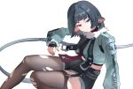  1girl a_maple absurdres animal_ears black_gloves black_hair black_shorts fingerless_gloves fur-trimmed_jacket fur_trim garter_straps gloves green_eyes green_jacket high-waist_shorts highres impossible_shorts jacket jane_doe_(zenless_zone_zero) long_tail mouse_ears mouse_girl necktie pantyhose sharp_tail shorts single_garter_strap single_leg_pantyhose smile tail thighhighs torn_clothes torn_pantyhose torn_thighhighs two-tone_necktie white_background zenless_zone_zero 