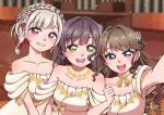  +_plus 3girls :d artist_name bare_shoulders black_hair blurry blurry_background blush bob_cut brown_hair collarbone colored_inner_hair commentary_request diagonal_bangs dress flower flower-shaped_hair fujishima_megumi game_screenshot_background green_eyes grey_hair grin hair_flower hair_intakes hair_ornament highres inverted_bob jewelry link!_like!_love_live! locked_arms looking_at_viewer love_live! multicolored_hair multiple_girls necklace off-shoulder_dress off_shoulder open_mouth otomune_kozue purple_eyes red_hair screenshot_background selfie short_hair smile streaked_hair teeth upper_body virtual_graduation_commemoration virtual_youtuber white_flower yellow_dress yugiri_tsuzuri 