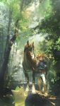  1boy animal armor belt blonde_hair blue_eyes blue_tunic boots brown_belt brown_boots dot_nose forest gloves highres holding holding_reins horse iuew korok leaf leather_armor link looking_at_another male_focus nature outdoors pants pauldrons plant pointy_ears reins shoulder_armor single_pauldron solo standing the_legend_of_zelda the_legend_of_zelda:_breath_of_the_wild tree tunic white_pants 