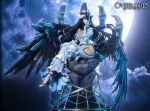  1girl ahoge albedo_(overlord) angel_wings bare_arms bare_hips bare_shoulders bird_wings black_feathers black_hair black_wings blush breasts cleavage closed_mouth clothing_cutout cloud collar curled_horns curvy demon_girl demon_horns demon_wings detached_collar disembodied_hand double-parted_bangs dress evil_smile feathered_wings feathers figure_(medium) floating_hair frilled_dress frills full_body full_moon gloves gold_collar gold_necklace gold_trim hair_between_eyes hand_on_own_knee hand_up high_heels hip_vent horns jewelry large_breasts layered_dress long_bangs long_dress long_hair long_hair_between_eyes long_sidelocks looking_afar low_horns low_wings mature_female moon necklace night night_sky no_ears nose off-shoulder_dress off_shoulder overlord_(maruyama) pale_skin parted_lips pink_lips sideboob sidelocks sitting skeletal_hand sky sleeveless sleeveless_dress slit_pupils smile solo spider_web_necklace star_(sky) two-tone_collar very_long_hair white_collar white_dress white_gloves white_horns wings yellow_eyes 
