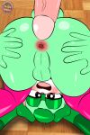 2:3 absurd_res anthro anus ass_up balls brown_eyes butt clothing eyeshadow fan_character floor fur genitals green_body green_fur green_hair grey_body hair half-closed_eyes hi_res lagomorph legwear leporid long_ears looking_at_viewer makeup male mammal narrowed_eyes open_mouth pau_the_rabbit penis pink_nose rabbit scut_tail sega short_tail sirjzau solo sonic_the_hedgehog_(series) spread_anus spread_legs spreading tail