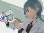  1girl blue_hair blue_liquid brown_eyes character_name commentary dress ear_piercing grey_background grey_dress highres holding lab_coat long_sleeves love_live! love_live!_superstar!! medium_hair neck_ribbon piercing red_ribbon ribbon school_uniform shirt solo symbol-only_commentary test_tube vial wakana_shiki white_shirt yu_lettuce yuigaoka_school_uniform 