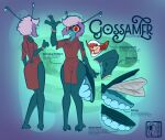 2_fingers 2_toes antennae_(anatomy) anthro arthropod beetle blue_body blue_skin breasts clothing dress elateroid english_text feet female fingers firefly flat_chested gesture glowing gossamer_(raunchyhaunches) hair hi_res insect multiple_angles orange_eyes orange_sclera pixie_cut purple_hair raunchyhaunches reference_image slim small_breasts smile solo spots standing text toes waving