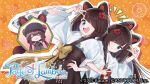  3girls :3 =_= animal_ears aqua_eyes artist_name ban_(page_of_lambda) black_skirt bob_cut bow brown_hair brown_hat chibi chibi_inset closed_mouth commentary_request copyright_name copyright_notice diagonal_bangs dog_ears double_v drop_shadow flat_chest floral_print floral_print_kimono flower grey_hat grey_shirt hair_flower hair_ornament hair_over_one_eye hand_on_own_hip hand_up hat high-waist_skirt highres hirayama_kanna inui_toko inward_v japanese_clothes ken_(page_of_lambda) kimono locked_arms long_hair long_sleeves looking_at_viewer low_twintails matching_outfits multiple_girls nijisanji official_alternate_costume official_art open_mouth orange_background outline page_of_lambda paw_print paw_print_background print_kimono red_bow second-party_source shirt short_hair siblings skirt smile teeth title twins twintails upper_teeth_only v very_long_hair virtual_youtuber white_kimono white_outline yellow_bow 