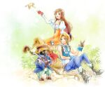  1girl 2boys aqua_vest bare_shoulders bird black_choker black_mage_(final_fantasy) blonde_hair blue_coat blue_eyes blue_pants blue_wrist_cuffs bodysuit boots breasts brown_eyes brown_hair canary cat_tail choker closed_mouth coat cobblestone cropped_vest crystal final_fantasy final_fantasy_ix full_body garnet_til_alexandros_xvii gloves grey_boots grey_gloves hair_ribbon hat holding holding_staff jewelry juliet_sleeves long_hair long_sleeves low-tied_long_hair low_ponytail medium_breasts multiple_boys open_mouth orange_bodysuit pants parted_lips pendant ponytail puffy_sleeves quichi_91 red_gloves ribbon shirt short_hair_with_long_locks sitting smile staff striped_clothes striped_pants swept_bangs tail thigh_strap twintails vest vivi_ornitier white_shirt wizard_hat wrist_cuffs yellow_eyes zidane_tribal 