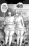  2girls blush breasts closed_eyes english_text female_commander_(girls&#039;_frontline) furauji girls&#039;_frontline girls&#039;_frontline_2:_exilium greyscale groza_(girls&#039;_frontline_2) hand_on_own_chest huge_breasts large_breasts looking_at_breasts medium_hair monochrome multiple_girls naked_towel night onsen ots-14_(girls&#039;_frontline) short_hair sitting speech_bubble thought_bubble towel 