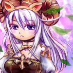  1girl arch_bishop_(ragnarok_online) black_dress blush breasts brown_horns cleavage_cutout closed_mouth clothing_cutout commentary_request cross dress frown horns juliet_sleeves large_horns leaf long_hair long_sleeves looking_at_viewer lowres medium_breasts puffy_sleeves purple_background purple_eyes ragnarok_online solo two-tone_dress upper_body white_dress white_hair yukimushi 