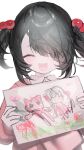  1girl aged_down ame-chan_(needy_girl_overdose) black_hair blunt_bangs cat cherry_hair_ornament closed_eyes collared_shirt food-themed_hair_ornament grin hair_ornament hair_over_one_eye highres holding holding_hands holding_paper mika3kami needy_girl_overdose open_mouth paper pink_sweater ribbon shirt sidelocks sketch_inset smile solo sweater teeth upper_body upper_teeth_only white_background white_shirt 