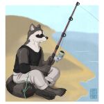 1:1 2025 absurd_res anthro beach bottomwear claws clothed clothing colored digital_media_(artwork) echo_(game) echo_(series) echo_project fishing fishing_line fishing_rod full-length_portrait garo_(artist) hi_res kudzu_tengwan looking_away male pants paws pond portrait sand shaded shirt sitting solo tail tank_top topwear vine_whip water