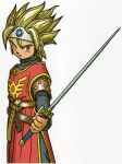  1boy absurdres belt black_shirt blonde_hair blue_eyes blue_gemstone brown_armor brown_belt circlet commentary cowboy_shot dragon_quest gem grey_pants hero_(kenshin_dragon_quest) highres holding holding_sword holding_weapon kenshin_dragon_quest looking_to_the_side pants red_tabard roto&#039;s_emblem scan shirt short_hair silver_circlet solo spiked_hair sword tabard third-party_source toriyama_akira weapon white_background 
