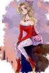  1girl artist_name blonde_hair blue_eyes bracelet breasts cape cleavage closed_mouth detached_sleeves dress earrings final_fantasy final_fantasy_vi full_body gold_trim gradient_cape hair_ribbon highres jas_(jasjasjasart) jewelry light_smile medium_breasts pantyhose parted_bangs pink_cape pink_ribbon ponytail print_pantyhose red_dress red_sleeves ribbon sash solo strapless strapless_dress terra_branford tube_dress waist_sash wavy_hair yellow_cape 
