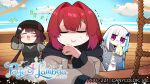  221_(tsutsuichi) 3girls =_= ? ange_katrina artist_name biting_own_lip blue_hair blue_sky blunt_bangs blush blush_stickers brown_gloves brown_hair brown_hat closed_eyes closed_mouth cloud coat colored_inner_hair commentary_request copyright_name copyright_notice day deformed elbow_rest fangs fingerless_gloves gloves grey_coat grey_scrunchie grey_shirt grey_vest hair_intakes hair_ornament hair_scrunchie hand_up handkerchief hat highres holding holding_handkerchief inui_toko lize_helesta long_hair long_sleeves looking_at_another low_twintails medium_hair multicolored_hair multiple_girls nijisanji nose_blush official_alternate_costume official_art on_ship open_mouth outdoors page_of_lambda purple_eyes red_hair rope sanbaka_(nijisanji) scrunchie seasick second-party_source ship shirt sidelocks simple_bird sky streaked_hair sweatdrop thick_outlines title trembling triangle_hair_ornament twintails two-tone_hair very_long_hair vest virtual_youtuber watercraft white_hair 