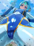  1girl :3 ahoge ass_visible_through_thighs blue_bodysuit blue_eyes blue_hair blue_sky blush bodysuit breasts building cameltoe cloud commentary_request covered_navel covered_nipples crotch day from_below giant giantess hand_on_own_hip highres looking_at_viewer looking_down moroboshi_tsubomi nikunopengin outdoors shiny_clothes skin_tight sky small_breasts smile solo ultimate_girl v 