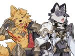 4:3 absurd_res anthro armor bird_dog canid canine canis dev_(i_think_i_like_you) domestic_dog duo felid fur golden_retriever grey_body grey_fur hi_res hunting_dog i_think_i_like_you lumii male mammal pantherine purple_eyes ray_(i_think_i_like_you) retriever smiley_face snow_leopard tattoo tribal warrior yellow_body yellow_eyes yellow_fur