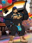 abs absurd_res anthro aruba_flag bear bear_pride_colors beard big_muscles black_bear black_beard black_body black_facial_hair black_fur blue_hair boots bulge chest_harness chest_tuft clothing facial_hair fluffy fluffy_chest footwear fur hair harness hi_res huge_muscles lgbt_pride male mammal muscular nipple_piercing nipples piercing pride_colors shoes smile smiling_at_viewer smirk smirking_at_viewer solo thong trim tuft underwear unknownbear ursine xmonstadogx yellow_body yellow_fur