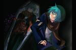  2boys absurdres beanie black_jacket black_pants blood blood_on_clothes blue_eyes blue_hair blue_jacket brown_scarf chinese_commentary closed_mouth coffin commentary_request disembowelment flower grabbing_another&#039;s_arm green_hair green_hat guro hat highres hiyori_sou jacket kimi_ga_shine long_sleeves male_focus midori_(kimi_ga_shine) multiple_boys open_clothes open_jacket pants pillarboxed pink_flower scarf shirt short_hair smile tuitangguxuanshou white_shirt 