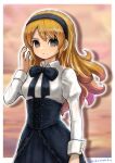  1girl absurdres artist_name black_bow black_corset black_eyes black_hairband black_skirt blouse blurry blurry_background border bow breasts commentary corset cowboy_shot curly_hair dragon_quest dragon_quest_x empty_eyes expressionless hairband hand_up highres kumaris_(dq10) long_hair looking_at_viewer looking_to_the_side medium_breasts mole mole_under_mouth moyapippi orange_hair shirt shirt_bow skirt white_border white_shirt 