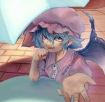  annoyed blue_eyes blue_hair center_frills commentary_request demon_wings dress fangs frilled_shirt_collar frills hand_on_own_chin hat looking_at_viewer mob_cap nio_(meple_nio) pink_hat pointy_ears remilia_scarlet shade short_hair short_sleeves sitting slit_pupils spread_fingers tile_floor tiles touhou umbrella under_umbrella wings 