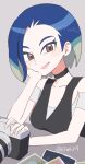  1girl 67wk317 :d black_choker black_shirt blue_hair brown_eyes camera choker head_on_hand highres looking_at_viewer open_mouth perrin_(pokemon) pokemon pokemon_sv shirt short_hair sleeveless sleeveless_shirt smile solo twitter_username upper_body 