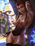  absurdres arm_up black_legwear breasts brigitte_(overwatch) brown_eyes brown_gloves brown_hair corset dirty eichenwalde gloves highres image_sample large_breasts lips logan_cure long_hair looking_at_viewer nipples overwatch paid_reward patreon_reward ponytail pussy pussy_juice solo standing tattoo thighhighs wet 