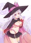  absurdres ayachi_nene bangs belt blush bow breasts cannian_dada commentary_request eyebrows_visible_through_hair hat highres long_hair looking_at_viewer medium_breasts navel open_mouth purple_eyes ribbon sanoba_witch silver_hair skirt solo thighhighs witch_hat yuzu-soft 