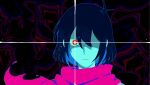  1boy antenna_hair aqua_skin black_background blue_hair british_shorthair closed_mouth colored_skin commentary deltarune english_commentary firemauer glowing glowing_eye hair_between_eyes highres kris_(deltarune) looking_at_viewer partially_shaded_face pink_scarf portrait red_eyes scarf solo sparkle 