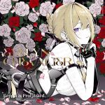  1girl arm_strap black_gloves black_pants blonde_hair chest_harness elbow_gloves evelyn_chevalier flower gloves half_gloves harness high-waist_pants highres kiguchi_hikaru latex_pants lying necktie on_stomach pants parted_lips pink_flower pink_rose purple_eyes red_flower red_rose ring_hair_ornament rose shirt single_elbow_glove single_half_glove tight_clothes tight_pants white_shirt yellow_necktie zenless_zone_zero 