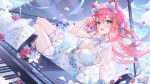  1girl alllisso animal_ears blue_eyes blue_shirt blue_skirt bow bowtie breasts capelet cherry cleavage fang floating_hair flower food fox_ears fruit grand_piano hair_bow hair_flower hair_ornament highres indie_virtual_youtuber instrument long_hair looking_at_viewer medium_breasts no_bra open_mouth petals piano pink_hair rose see-through_capelet see-through_clothes sheet_music shirt sideless_shirt skirt sleeveless sleeveless_shirt smile solo sweetily thigh_strap thighs virtual_youtuber white_capelet 
