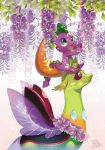  2018 changeling cub cute cute_fangs dragon duo eyebrows fangs feral floppy_ears flower flower_necklace friendship_is_magic green_eyes happy horn insect_wings jannel300 leaves looking_up male my_little_pony on_top open_mouth open_smile plant purple_eyes scalie signature simple_background sitting size_difference slit_pupils smile spade_tail spike_(mlp) standing thorax_(mlp) tongue wings young 