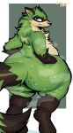 anthro big_butt blue_eyes bodily_fluids butt cellulite female fluffy fluffy_tail frown fur green_body green_fur hi_res huge_butt huge_thighs mammal maypul overweight overweight_anthro overweight_female pear-shaped_figure procyonid raccoon rivals_of_aether solo sweat sweaty_butt tail thick_thighs uromatsu wide_hips